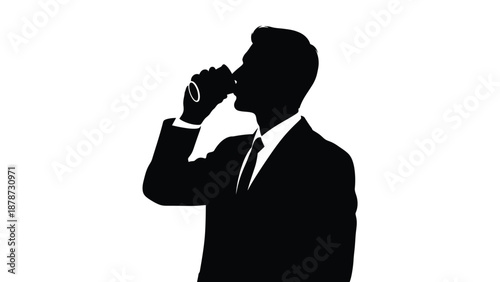 Silhouette of a sharply dressed businessman in a dark suit taking a quick refreshing drink from a small can or cup against a stark white background is perfect for concept art.