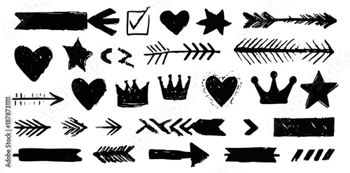 다양한 화살표, 하트, 별, 왕관, 체크 표시 아이콘 모음, 텍스처가 있는 검정색 실루엣, 투명 배경