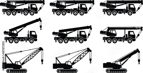 Crane truck silhouettes collection, mobile and crawler cranes in multiple positions, construction lifting machinery set, minimal black vector illustration