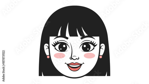 Cartoon illustration of a womans face with black hair and pink cheeks