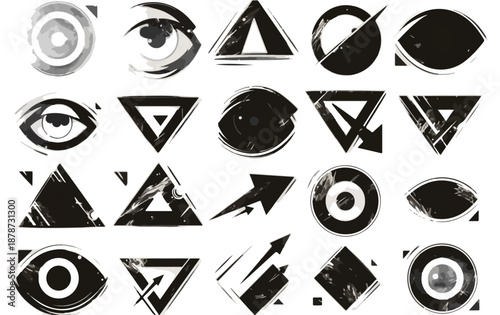 다양한 추상적 기하학적 모양과 눈, 화살표 아이콘 세트, 투명한 배경에 텍스처 효과