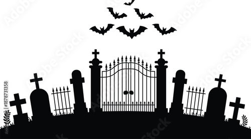 Haunted graveyard silhouette with cemetery gate tombstones and flying bats, spooky Halloween horror scene illustration, dark gothic concept, black vector