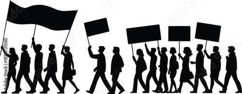Protest march silhouette with people holding banners and flags, political demonstration crowd, activism and freedom concept, black white illustration