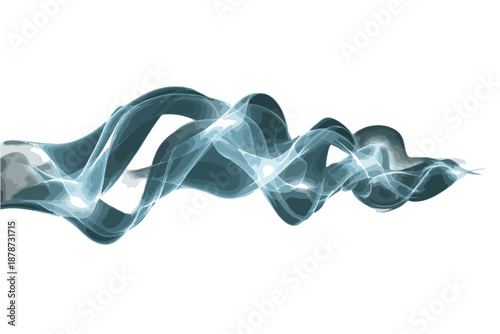 빛나는 파란색 연기 파동이 흰색 배경에 부드럽게 흐르는 추상적인 에너지 흐름