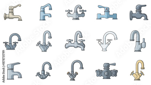 Collection of 15 diverse pixel art faucets