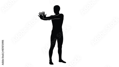 Silhouette of an athletic man performing a static chest and shoulder stretch exercise with arms extended forward against an invisible wall or surface for flexibility training routines