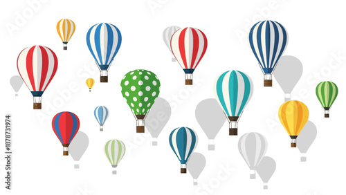 Colorful hot air balloons of various designs and patterns float