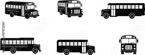 School bus silhouette set, vintage transportation icons, black and white vehicle collection, education transport concept, flat vector illustration