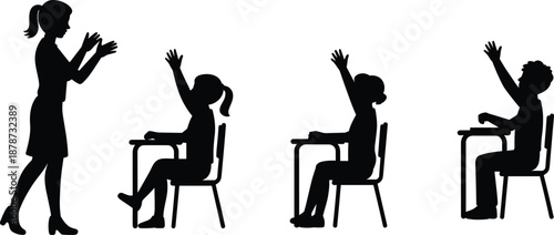 Teacher and students silhouette in classroom, education concept illustration, children raising hands, school learning scene, black white vector