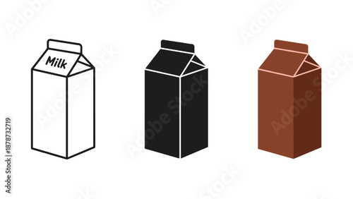 Cartoon milk and juice cartons in white black and brown on clean background