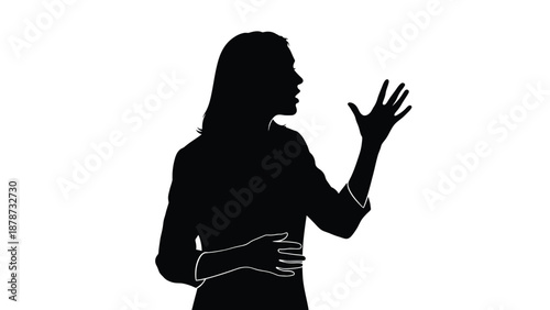 Silhouette of a woman speaking emphatically with an expressive hand gesture suggesting teaching or presentation against a stark white background design element