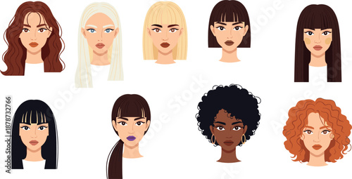 Set of diverse female face portraits with different hairstyles and skin tones, modern flat vector avatar collection for beauty, fashion, and character design