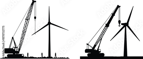 Wind turbine installation silhouette with crane machinery, renewable energy construction concept, sustainable power industry illustration, isolated black vector design