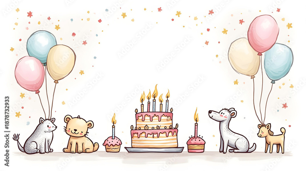 Obraz premium A whimsical watercolor illustration features adorable animal characters, colorful balloons, and a birthday cake with glowing candles, creating a joyful and celebratory festive scene