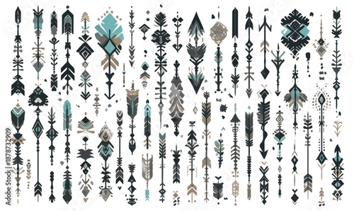 다양한 패턴과 색상의 추상적인 화살표 디자인 모음, 부족 예술 스타일