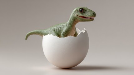 Realistic photograph of a toy dinosaur emerging from a cracked white egg, showcasing vibrant colors and textures, with soft lighting and a neutral background for commercial use and advertising