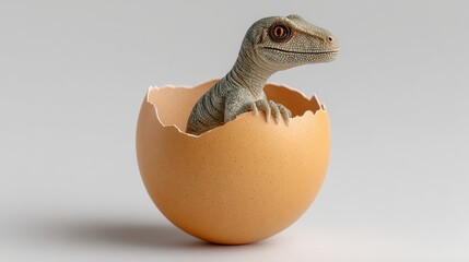 Realistic photograph of a toy dinosaur emerging from a cracked egg, showcasing fine details and textures, with warm lighting and a neutral background, ideal for commercial use and advertising