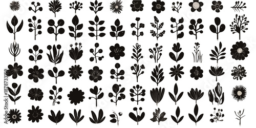다양한 식물과 꽃 모양의 흑백 일러스트 아이콘 모음