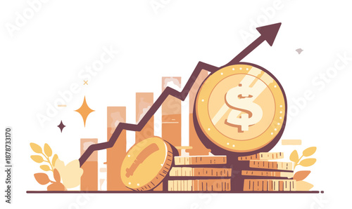 투명한 배경에 동전 더미와 상승하는 그래프, 재정적 성장과 성공을 상징하는 비즈니스 일러스트.