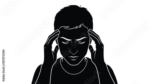 Stylized black and white silhouette illustration depicting a young man experiencing intense head pain or a throbbing migraine while pressing his temples with his fingers.
