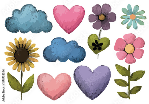 투명한 배경에 귀여운 구름, 하트, 꽃 일러스트 모음으로 사랑스럽고 동화 같은 느낌을 줍니다.