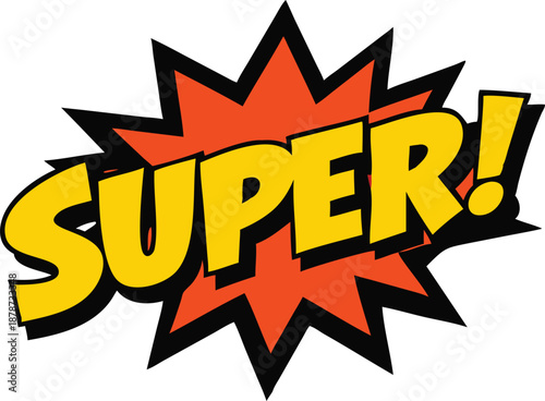 Cartoon comic book style super exclamation text bubble with red starburst