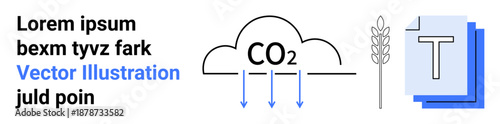 Environmental impact, carbon emissions, agriculture, sustainability, graphic design, and text usage. Cloud labeled CO2 with arrows, wheat stalk text layer. Environmental impact and agriculture