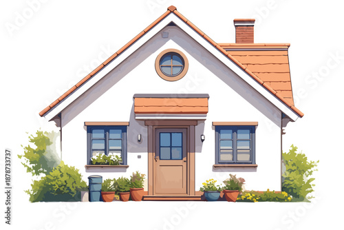 아름다운 흰색 집은 따뜻한 햇살 아래 푸른 하늘과 녹음이 우거진 정원으로 둘러싸여 있습니다.