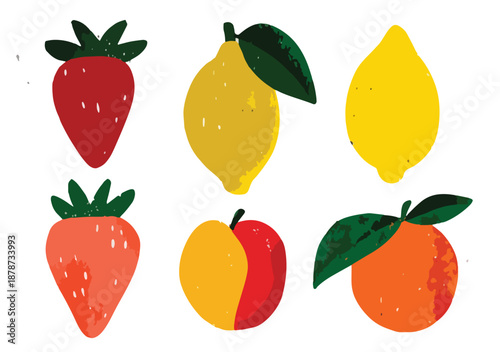 Zestaw ręcznie rysowanych owoców: truskawki, cytryny, brzoskwinia i pomarańcza na białym tle.