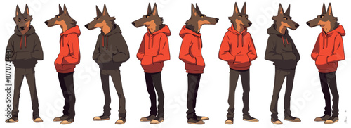 Zestaw postaci antropomorficznego wilka w bluzach z kapturem, prezentacja różnych póz na białym tle.
