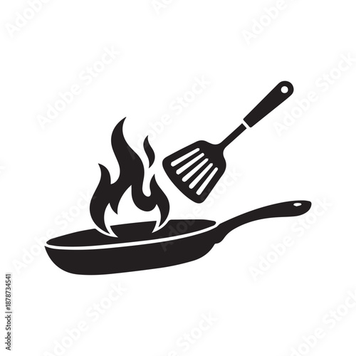 Cooking frying pan with fire flame and spatula icon vector silhouette
