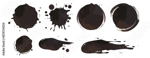 Zestaw brązowych plam i rozbryzgów tuszu, idealny do projektów graficznych z efektem retro lub vintage.