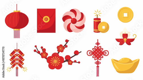 Chinese New Year Decorations Collection: Lantern, Red Envelope, Firecrackers, Plum Blossom, Knot