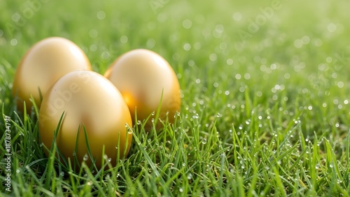 Three golden eggs placed on green grass with morning dew  