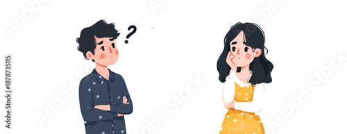 Coppia giovane con espressione confusa e pensierosa su sfondo bianco trasparente, illustrazione vettoriale.