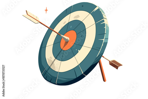 Ilustracja strzały trafiającej w środek tarczy strzelniczej na przezroczystym tle, symbolizująca celność i sukces.
