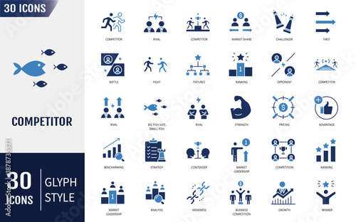 Competitor icon set. Containing icons: competition, opponent, market leader, advantage, strengths, weakness, comparison, ranking and more. Vector illustration