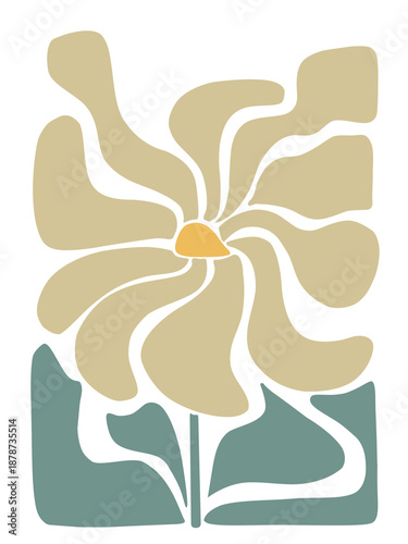 Vintage 1970s Style Yellow Flower with Wavy Petals on Transparent Background, Groovy Digital Hand-painted Floral Art, Retro Botanical Illustration with Blue Accents and Organic Shapes