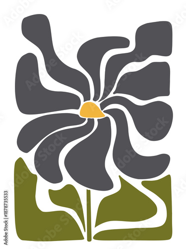 Retro 70s Style Dark Grey Daisy on Transparent Background with Green Leaves, Hand-painted Digital Floral Graphic, Vintage Groovy Botanical Art Illustration for Interior Design and Wall Decor