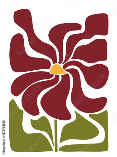 Groovy 70s Style Burgundy Red Flower on Transparent Background, Retro Hand-painted Digital Floral Illustration, Vintage Botanical Art with Wavy Petals and Sage Green Leaves for Poster Print