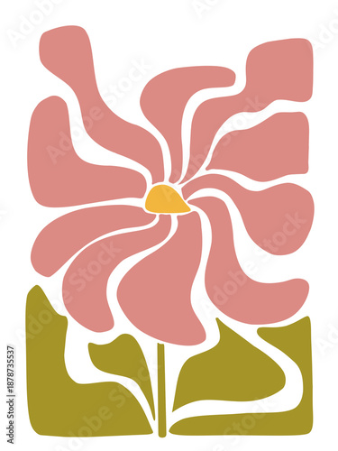 Vintage 1970s Style Pink Daisy Flower with Wavy Petals on Transparent Background, Hand-painted Digital Retro Floral Graphic Illustration, Groovy Boho Botanical Art for Wall Decor and Print