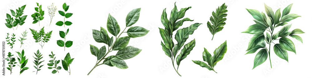 Obraz premium Green leaves – Foliage used alongside flowers like carnations to create fuller lush arrangements. Isolated on Clear White Background Highly Detailed