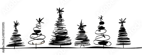 Sei alberi di Natale stilizzati disegnati a mano con stile schizzo su sfondo trasparente.
