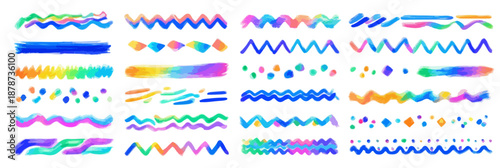 Set di linee astratte e onde colorate con sfumature vivaci, perfette per elementi grafici.