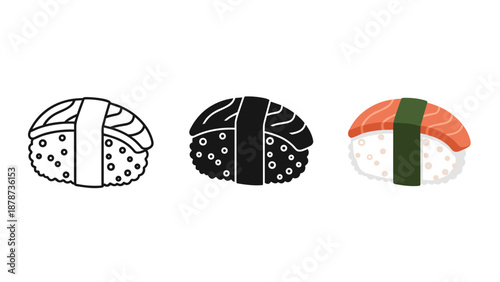Sushi illustration set with salmon black and white maki rolls on clean background