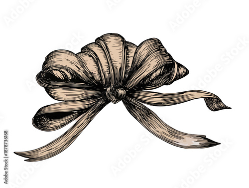 Disegno a mano libera di un elegante fiocco di nastro vintage su sfondo trasparente, stile incisione.