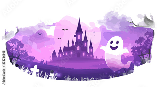 Spettrale paesaggio notturno viola con castello infestato, fantasmi sorridenti e lapidi in primo piano.