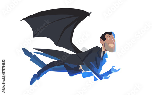Illustrazione vettoriale di un uomo d'affari sorridente con grandi ali nere da pipistrello che vola su sfondo bianco trasparente.