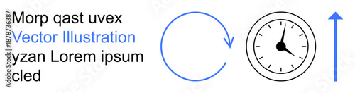 Time management, progress, efficiency, scheduling, motion, and productivity. A clock, circular arrow and upward arrow. Time management and progress concepts