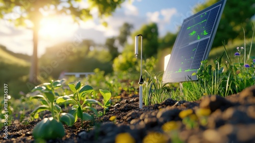 Technician analyzes data on laptop at environmental monitoring station in reforested field with smart sensors